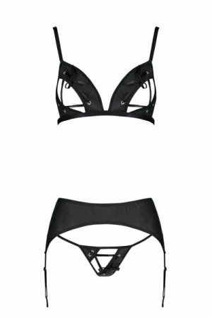 Комплект из эко-кожи Passion Miley Set black XXL/XXXL: трусики, бюстгальтер, пояс для чулок || 