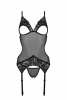 Корсет Passion Christa Corset black S/M: с подвязками и ажурным лифом, стринги в комплекте || 