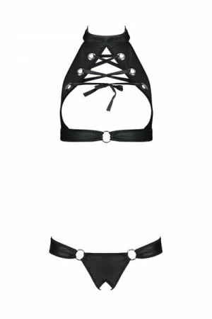Комплект из эко-кожи Passion Malwia Set with Open Bra black XXL/XXXL: топ и трусики с люверсами || 