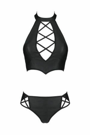 Комплект из эко-кожи: бра и трусики с имитацией шнуровки Nancy Bikini black L/XL - Passion || 