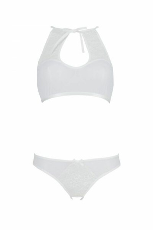 Комплект Passion URSULA SET white L/XL: бра, трусики с ажурным декором и открытым шагом || 