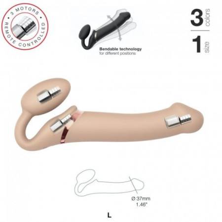 Безремневой страпон с вибрацией Strap-On-Me Vibrating Flesh L, диаметр 3,7см, пульт ДУ, регулируемый || 