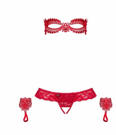Набор маска+наручники+стринги Obsessive Hetea 3 pcs set red S/M || 