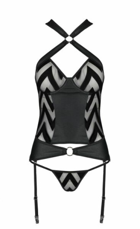 Сетчатый комплект с узором: корсет с халтером, подвязки, трусики Hima Corset black S/M - Passion || 