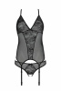Корсет Passion Ursula Corset black S/M, с пажами, трусики с ажурным декором и открытым шагом || 