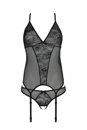 Корсет Passion Ursula Corset black S/M, с пажами, трусики с ажурным декором и открытым шагом || 