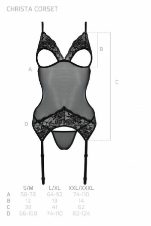 Корсет Passion Christa Corset black S/M: с подвязками и ажурным лифом, стринги в комплекте || 