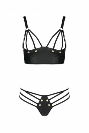 Комплект из эко-кожи Passion Malwia Bikini black L/XL: с люверсами и ремешками, бра и трусики || 