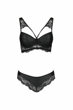 Комплект из эко-кожи с кружевом: бра и трусики Loona Set black S/M - Passion || 
