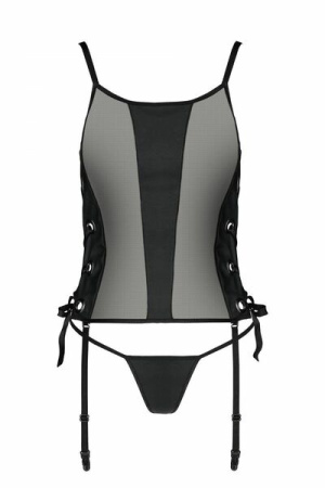 Сетчатый корсет из эко-кожи Passion Malwia Corset black XXL/XXXL: с люверсами и съемными пажами || 