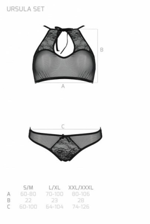 Комплект Passion URSULA SET black XXL/XXXL: бра, трусики с ажурным декором и открытым шагом || 