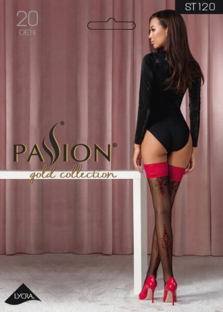Чулки Passion ST120 1/2 черно-красные, на ажурной силиконовой резинке, с изысканным декором || 