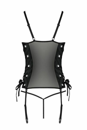 Сетчатый корсет из эко-кожи Passion Malwia Corset black S/M: с люверсами и съемными пажами || 