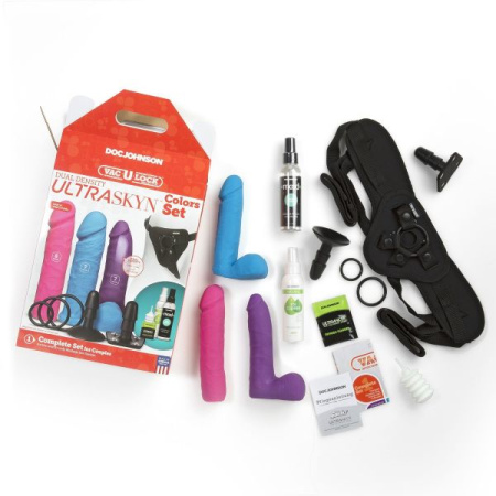 Набор для страпона Doc Johnson Vac-U-Lock Dual Density UltraSKYN Colors Set, диаметр 3х4,5см || 