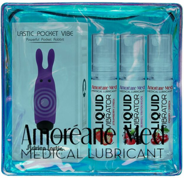 Набор из 3-х вкусов стимулирующего лубриканта Amoreane Med (3х10мл) и вибропули Adrien Lastic Purple