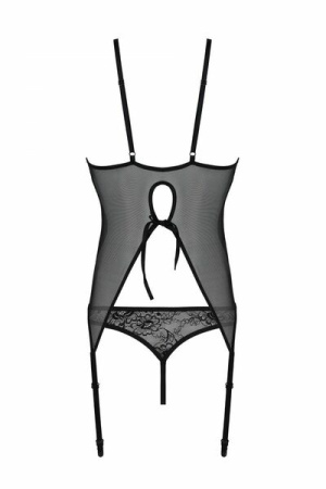 Корсет Passion Ursula Corset black XXL/XXXL, с пажами, трусики с ажурным декором и открытым шагом || 