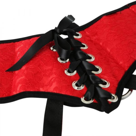 Трусы для страпона Sportsheets - SizePlus Red Lace Satin Corsette, с корсетной утяжкой, ульракомфорт || 