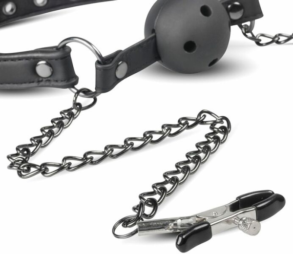 Кляп с зажимами на соски Open Ball Gag With Nipple Clamps