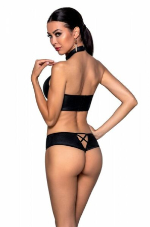 Комплект из эко-кожи: бра и трусики с имитацией шнуровки Nancy Bikini black S/M - Passion || 