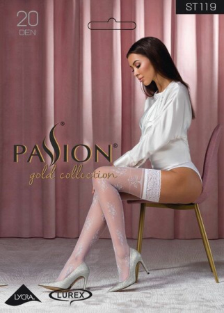 Чулки Passion ST119 3/4 белые, на ажурной силиконовой резинке, с цветочным декором, люрексовая нить || 