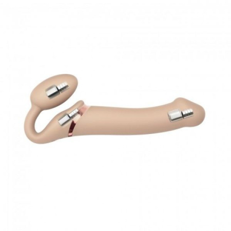 Безремневой страпон с вибрацией Strap-On-Me Vibrating Flesh L, диаметр 3,7см, пульт ДУ, регулируемый || 