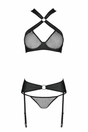 Сетчатый набор: бюстгальтер с халтером, трусики и пояс для чулок Amanda Set black S/M - Passion || 