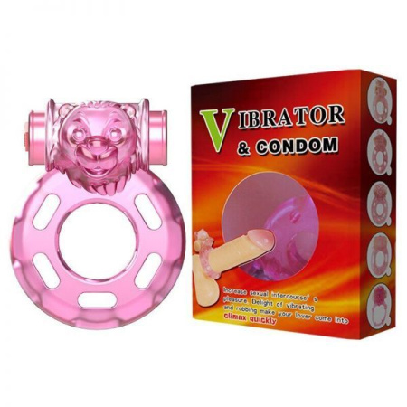 Эрекционное кольцо с вибрацией и презервативом Pink Bear || 