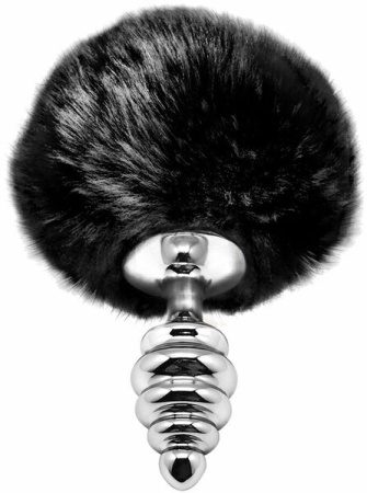 Металлическая анальная пробка Кроличий хвостик Alive Fluffly Twist Plug S Black